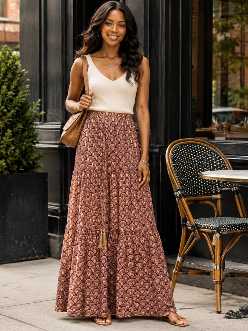 Ontwelfth Sample Boho Tiered Maxi Skirt Brown Gold Art Deco Print NWOT